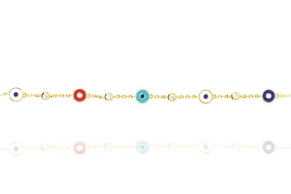 Gold-plated silver bracelet with multi-coloured enamel discs and cubic zirconia stones