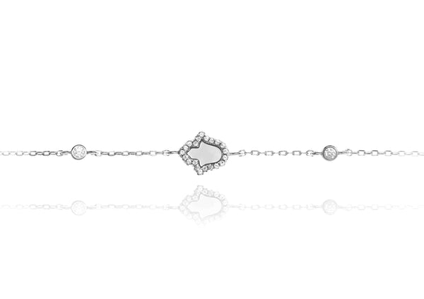 Sterling silver chain bracelet with mother of pearl Hamsa and cubic zirconia accents.