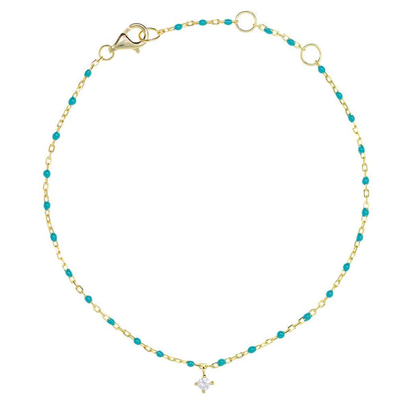 Gold plated on silver chain with turquoise beads and hanging CZ charm bracelet