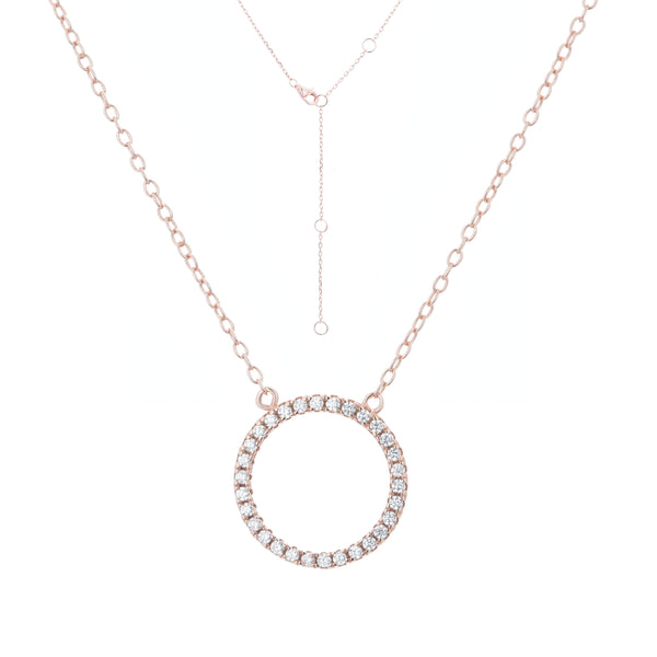 Rose gold plated on silver hollow CZ pave circle pendant necklace with fine link chain.
