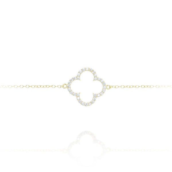Elegant gold plated on silver chain bracelet with a sparkling clover pave charm.
