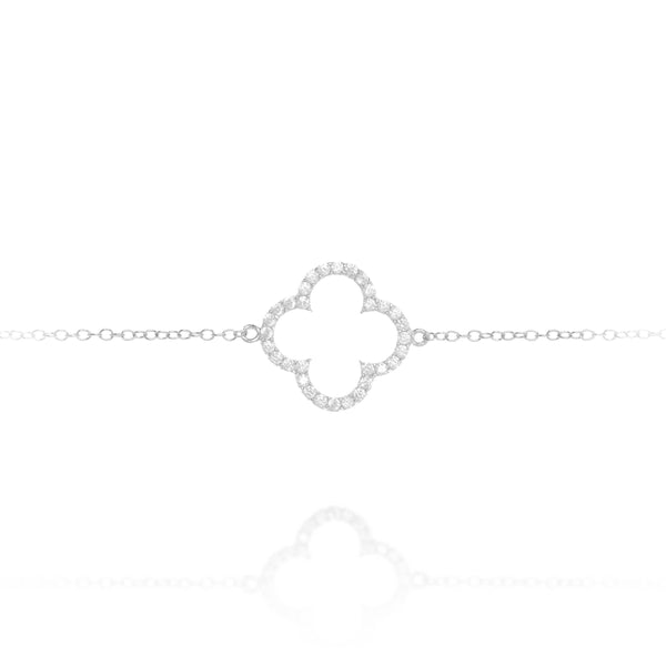 Close-up image of a sterling silver chain with a pave clover charm bracelet.
