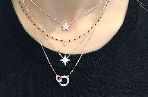 Gold Plated Silver Chain Necklace with Black Beads and Central Cubic Zirconia