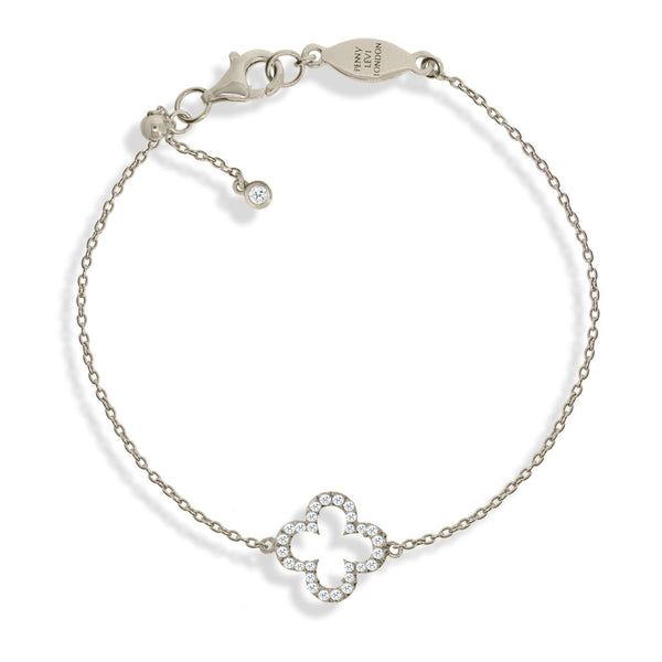 Silver chain bracelet with sliding ball size adjuster and clover charm adorned with Cubic Zirconia decoration.
