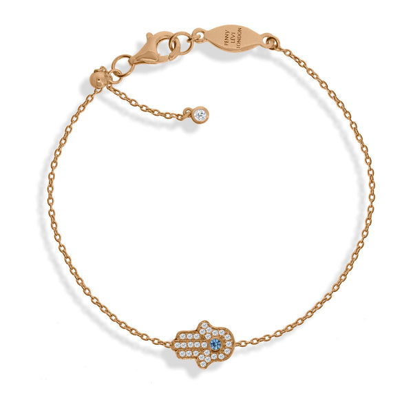 Rose gold Hamsa chain bracelet with adjustable slider and encrusted stones on silver.