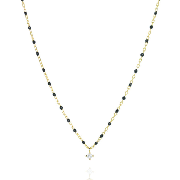 Gold Plated Silver Chain Necklace with Black Beads and Central Cubic Zirconia