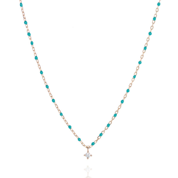 Rose Gold Plated Chain and Bead Necklace with Turquoise Beads and Small Cubic Zirconia Centrepiece