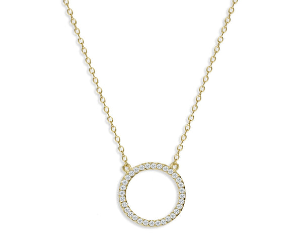 Gold plated on silver hollow CZ pave pendant necklace with adjustable chain.