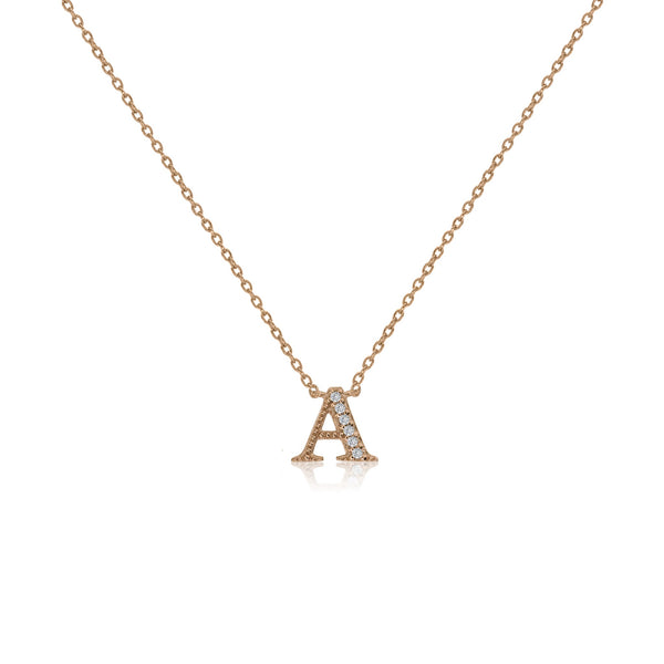 Rose gold plated initial A necklace with cubic zirconia decoration and adjustable chain.