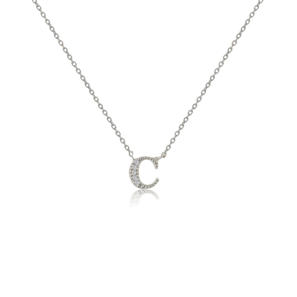 Sterling silver initial necklace featuring a letter C adorned with CZ stones.