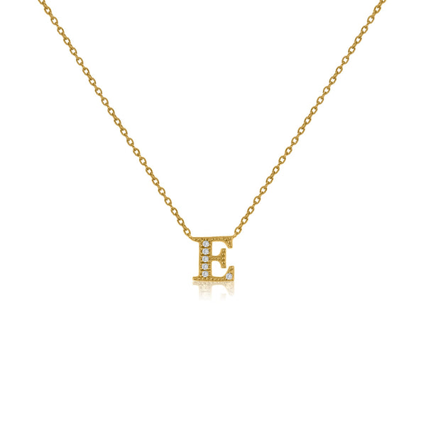 Gold-plated necklace with 'E' initial pendant adorned with cubic zirconia stones and an adjustable chain.