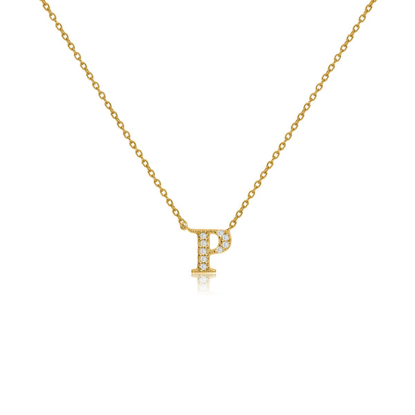 Gold-plated silver initial necklace with CZ decoration and sliding length adjuster.
