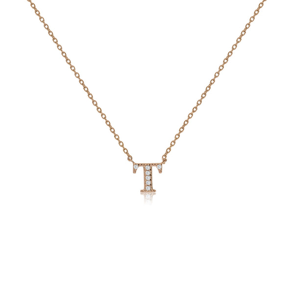 Rose Gold on Silver Initial Necklace with CZ Decoration - Initial 'T'