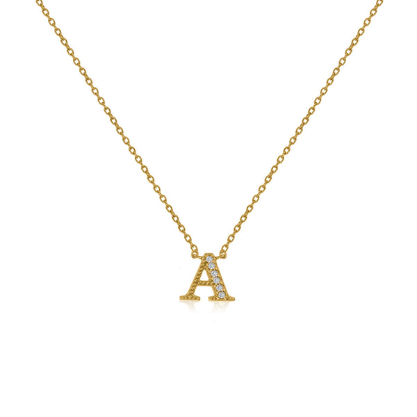 Gold-plated initial necklace with CZ decoration and sliding length adjuster.