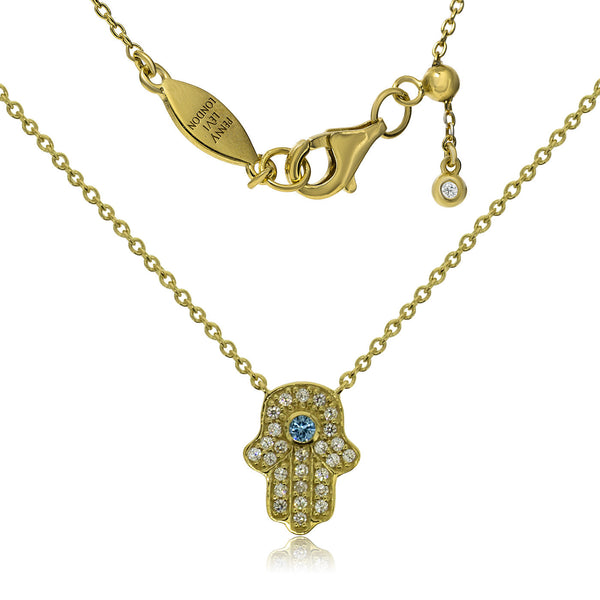 Gold-plated silver Hamsa necklace with crystals and blue stone, adjustable chain with slide sizer and lobster claw clasp.