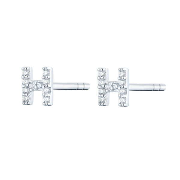 Pair of Silver Initial 'H' Stud Earrings Encrusted with Cubic Zirconia
