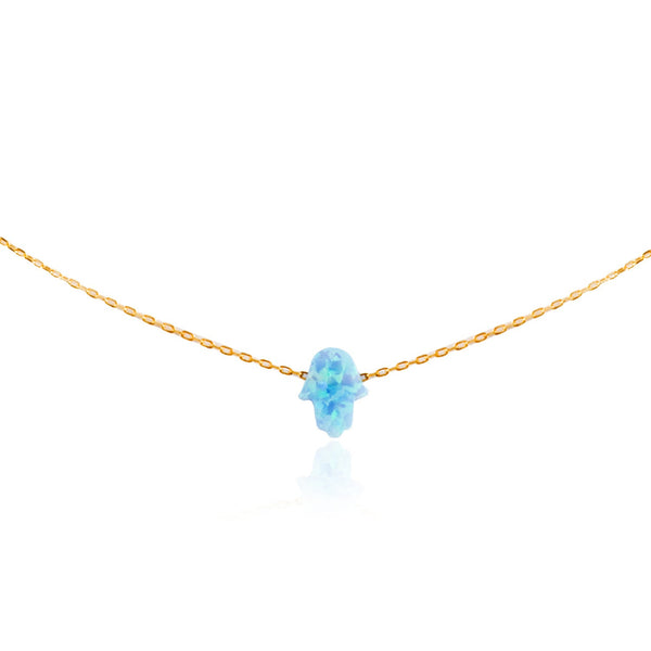 Gold-plated silver chain necklace with blue opal Hamsa charm  .