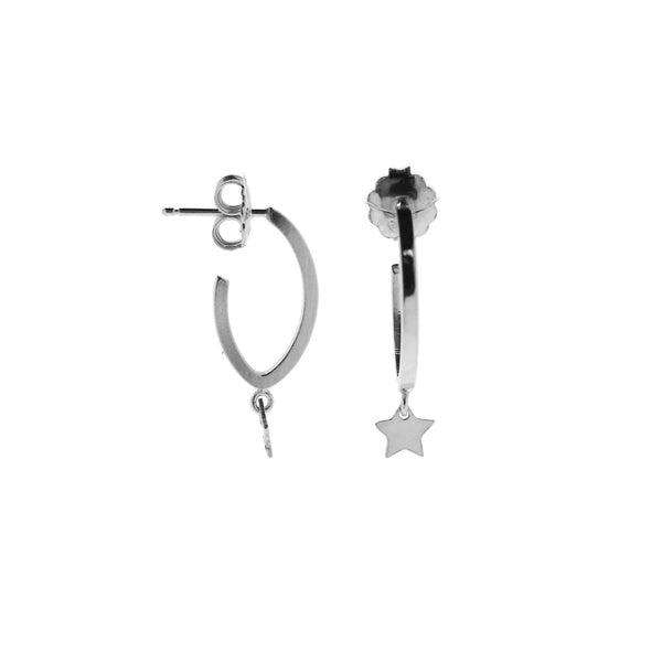 Sterling silver ellipse shaped hoop earrings with dangling star