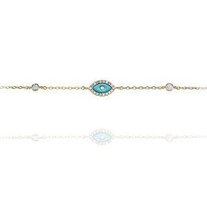 
Elegant sterling silver bracelet featuring a central enamel evil eye with intricate details.

