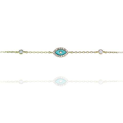 
Elegant sterling silver bracelet featuring a central enamel evil eye with intricate details.


