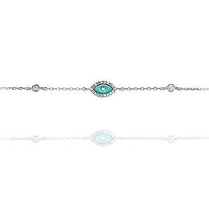 
Elegant sterling silver bracelet featuring a central enamel evil eye with intricate details.

