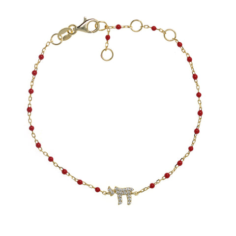 Gold-plated Chain Bracelet with Chai Symbol and Cubic Zirconia, featuring Enamel Beads