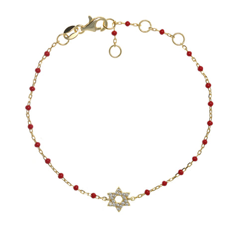 Gold-plated Chain Bracelet with Star of David Symbol and Cubic Zirconia, featuring Red Enamel Beads
