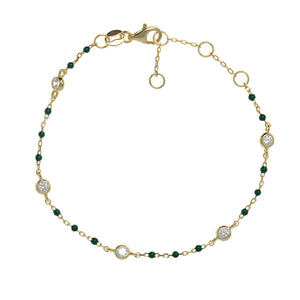 Gold-plated Chain Bracelet with Green Beads and Cubic Zirconia Studs