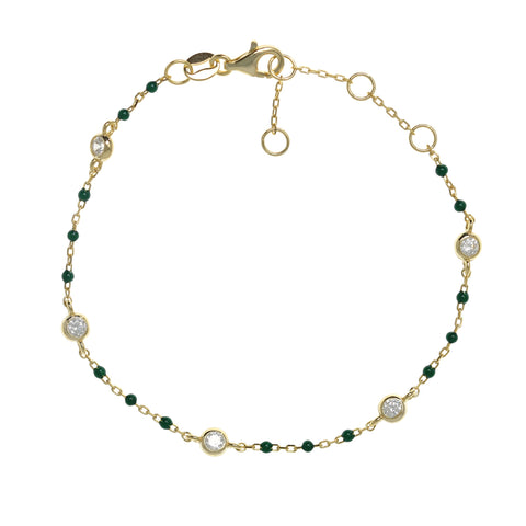 Gold-plated Chain Bracelet with Green Beads and Cubic Zirconia Studs