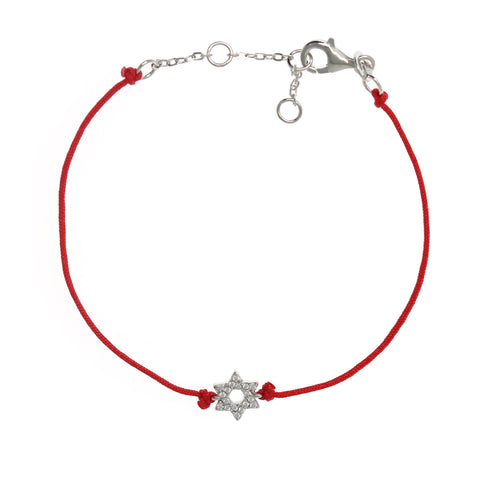 Silver Star of David Red String Bracelet with Cubic Zirconia