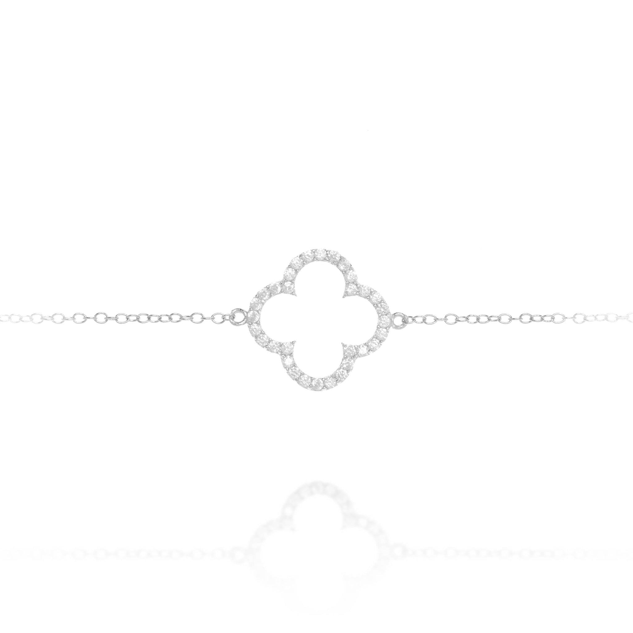 
Close-up image of a sterling silver chain with a pave clover charm bracelet.

