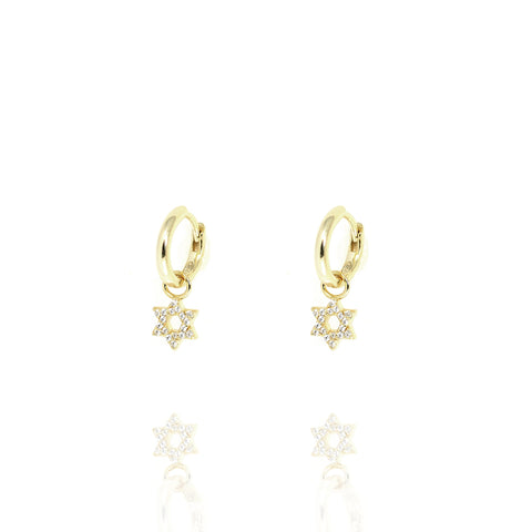 Gold-plated Huggie Earrings with Hanging Star of David and Cubic Zirconia