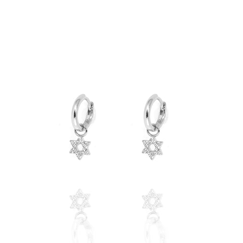 Silver Huggie Earrings with Hanging Star of David and Cubic Zirconia