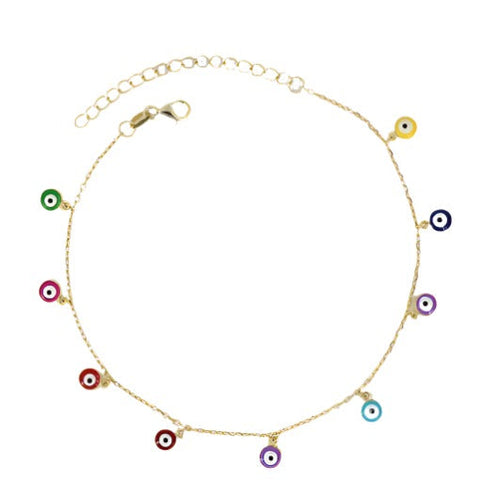 
Ankle Bracelet with multi-coloured evil eyes, featuring nine vibrant charms on a delicate chain with an adjustable lobster clasp.

