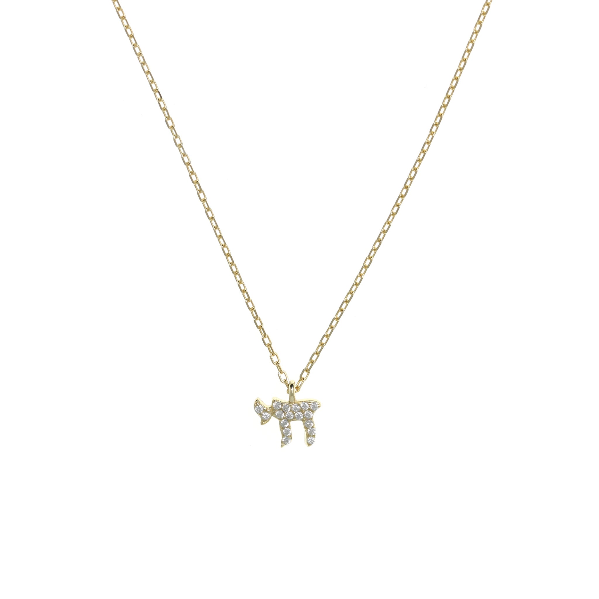 Gold plated Chain Necklace with Chai Symbol and Cubic Zirconia