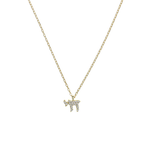 Gold plated Chain Necklace with Chai Symbol and Cubic Zirconia