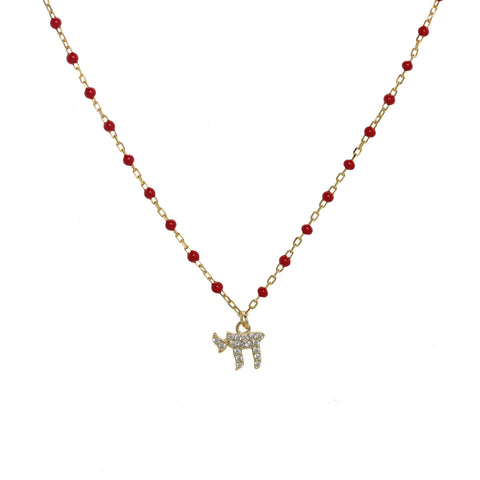 Gold-plated Chain Necklace with Chai Symbol and Cubic Zirconia, featuring Enamel Beads