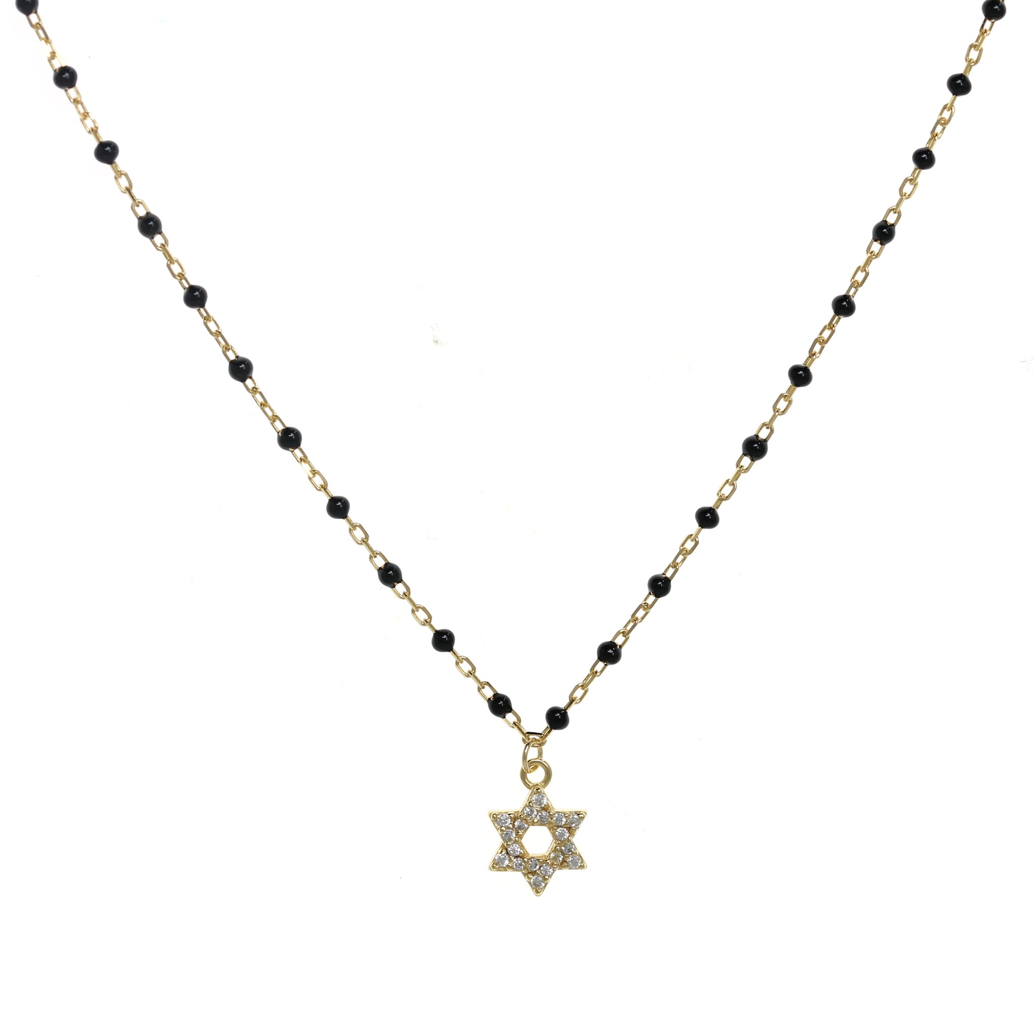 Gold-plated Chain Necklace with Star of David Symbol and Cubic Zirconia, featuring Black Enamel Beads