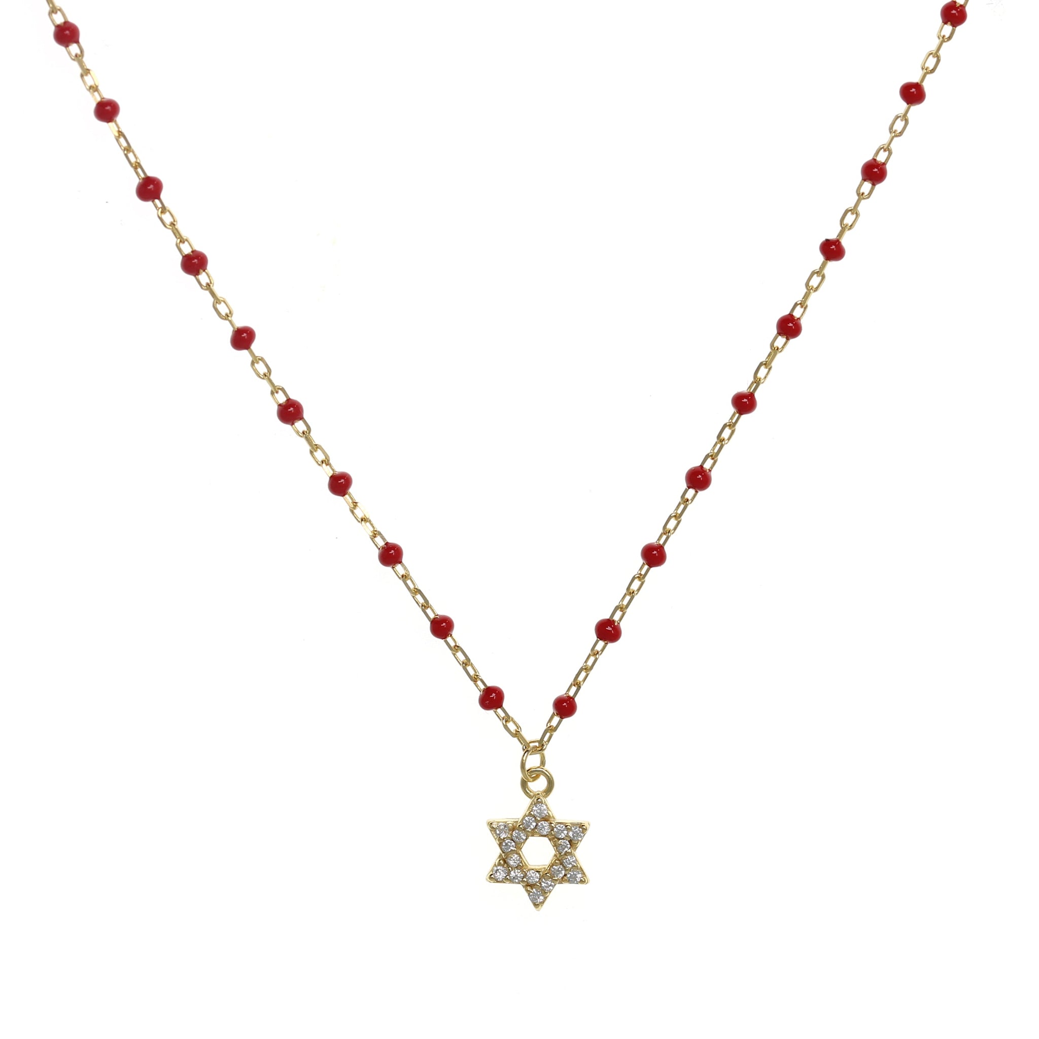 Gold-plated Chain Necklace with Star of David Symbol and Cubic Zirconia, featuring Red Enamel Beads