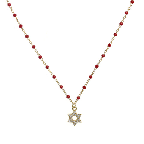 Gold-plated Chain Necklace with Star of David Symbol and Cubic Zirconia, featuring Red Enamel Beads