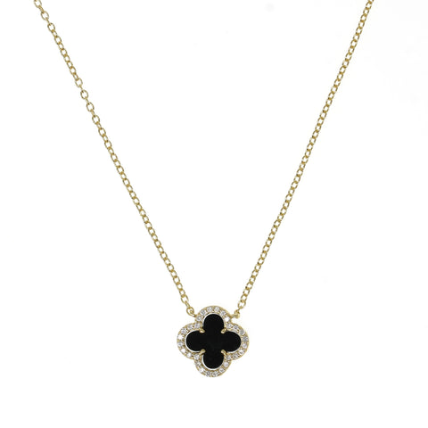 Gold Clover with Black Onyx and Cubic Zirconia Necklace