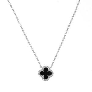 Silver Clover with Black Onyx and Cubic Zirconia Necklace