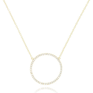 
Elegant sterling silver hollow CZ pave pendant necklace with circle pendant and adjustable chain.

