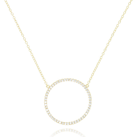 
Elegant sterling silver hollow CZ pave pendant necklace with circle pendant and adjustable chain.

