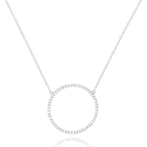
Elegant sterling silver hollow CZ pave pendant necklace with circle pendant and adjustable chain.

