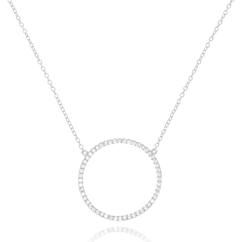 
Elegant sterling silver hollow CZ pave pendant necklace with circle pendant and adjustable chain.

