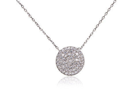 
Elegant sterling silver chain with 1 cm CZ pave disk pendant.


