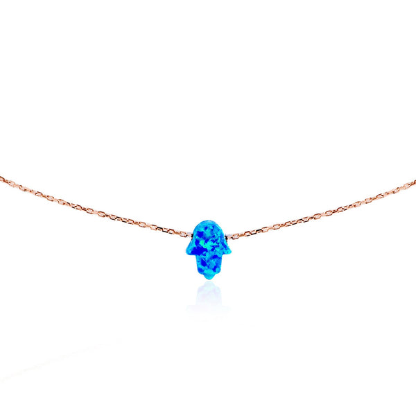 
Rose gold plated silver chain necklace with blue Opal Hamsa pendant.

